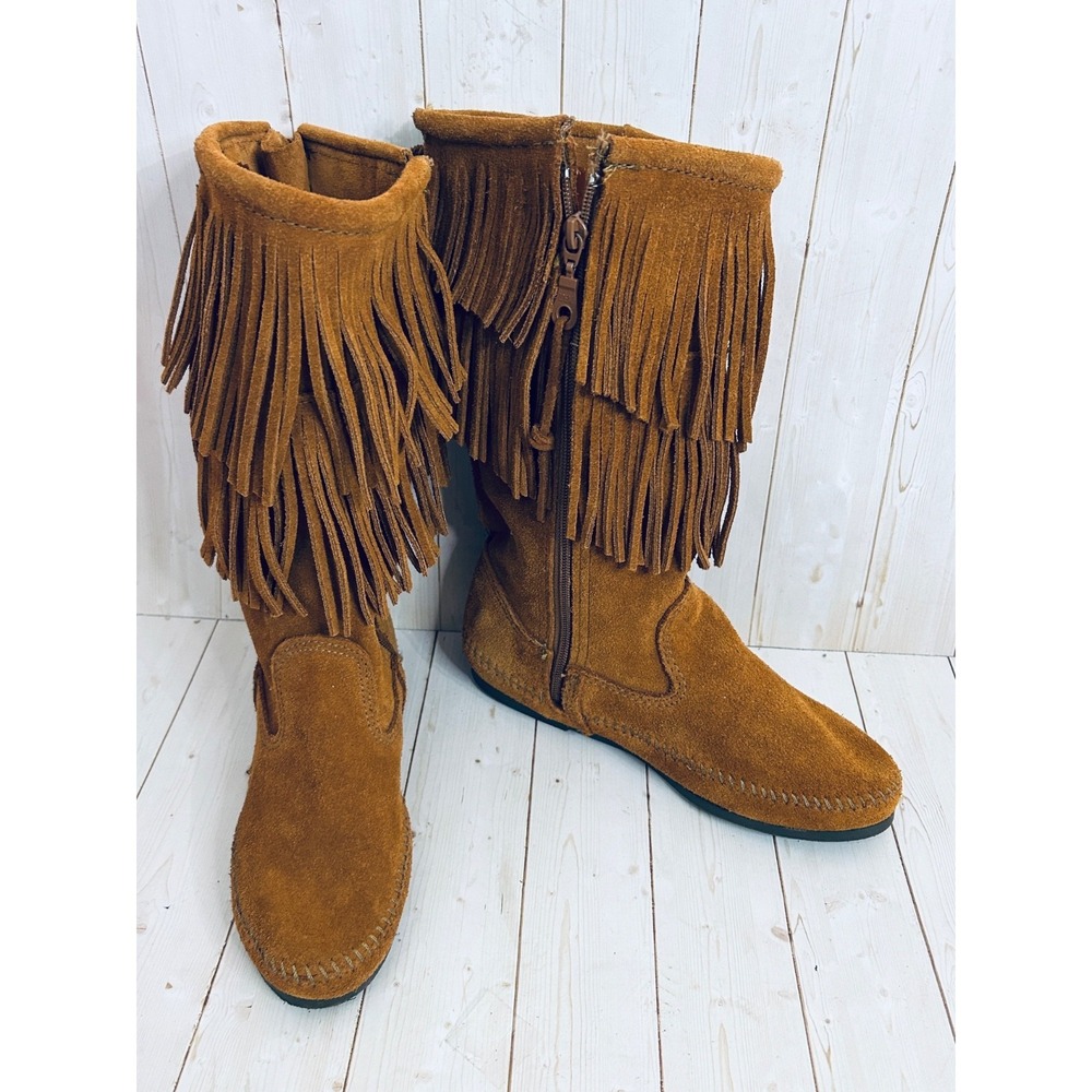 Minnetonka Women's Size 6 Two Layer Fringe Suede Moccasin Size Zipper Boots - Picture 5 of 8